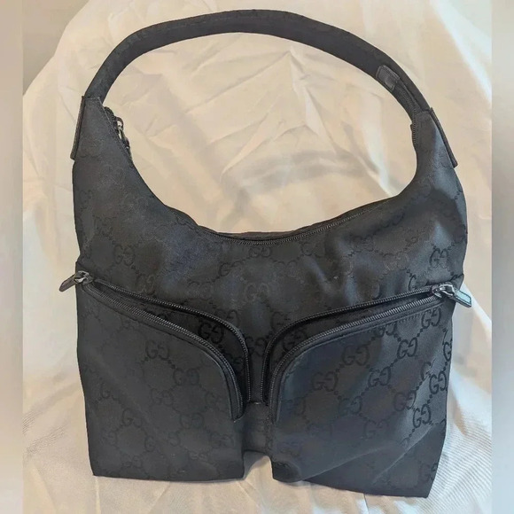 Authentic Gucci Shoulder Handbag Purse GG Double Pocket Black Bag - Picture 1 of 9